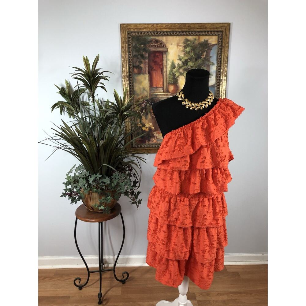Lauren‎ Conrad Women’s Dress Size Large One Shoulder Tiered Ruffle Orange Dress